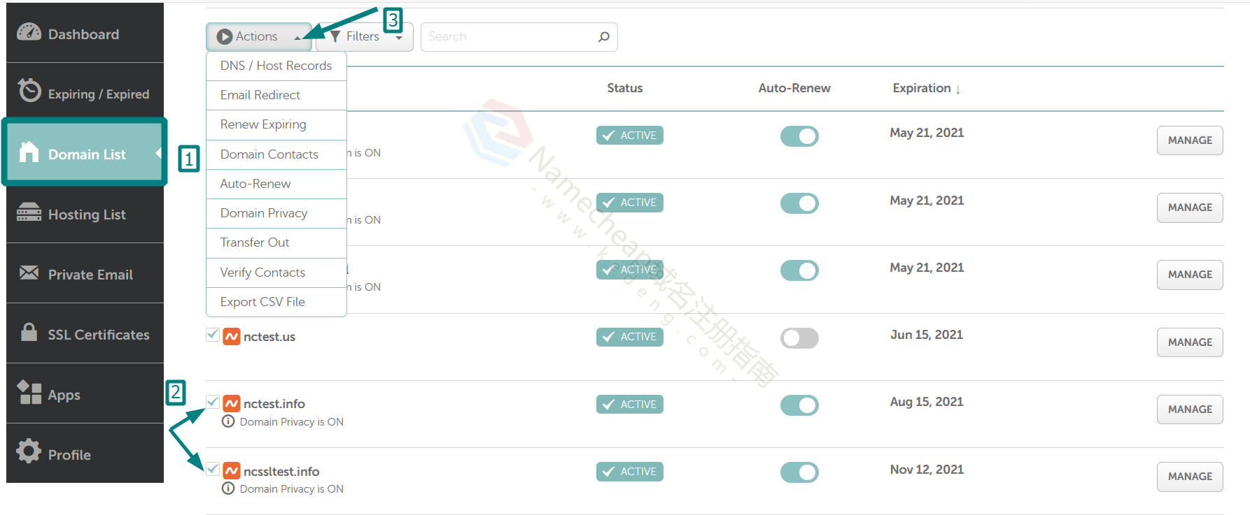 Namecheap 帐户面板功能介绍