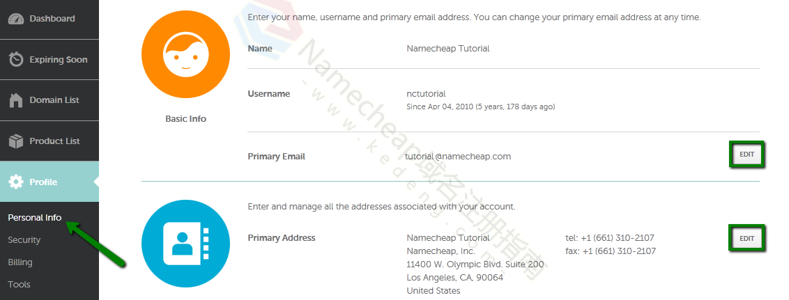 Namecheap如何更新个人资料中个人详细信息？