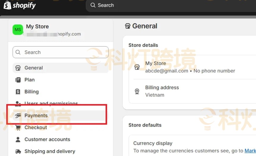访问Shopify设置和付款