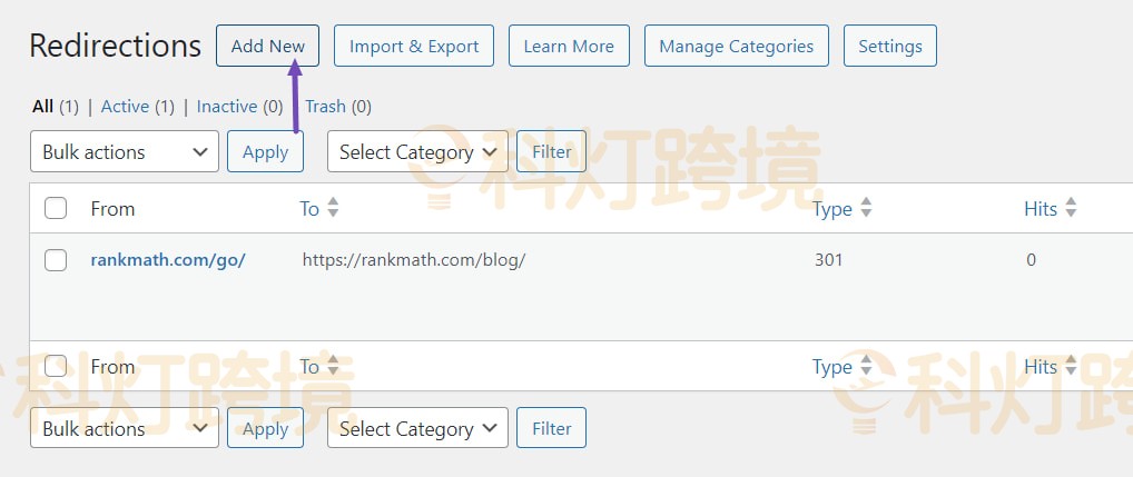 点击重定向页面上的添加新按钮