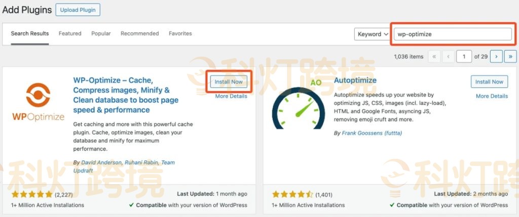搜索安装WP Optimize缓存插件